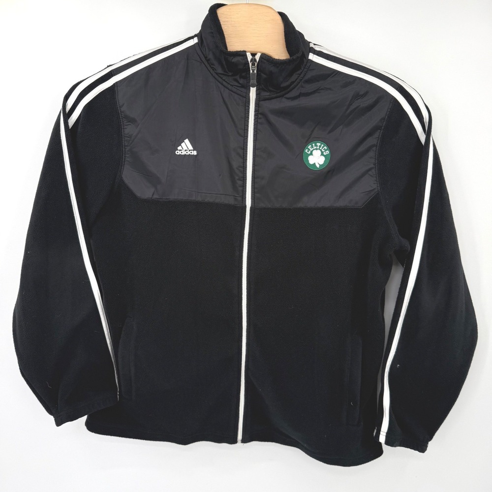 Boston Celtics NBA Adidas Jacket Mens Large Black Fleece Full Zip Track 3-Stripe